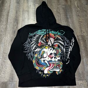 ED HARDY BATTLE SKULL BLACK PULLOVER HOODIE SIZE‎ MEDIUM